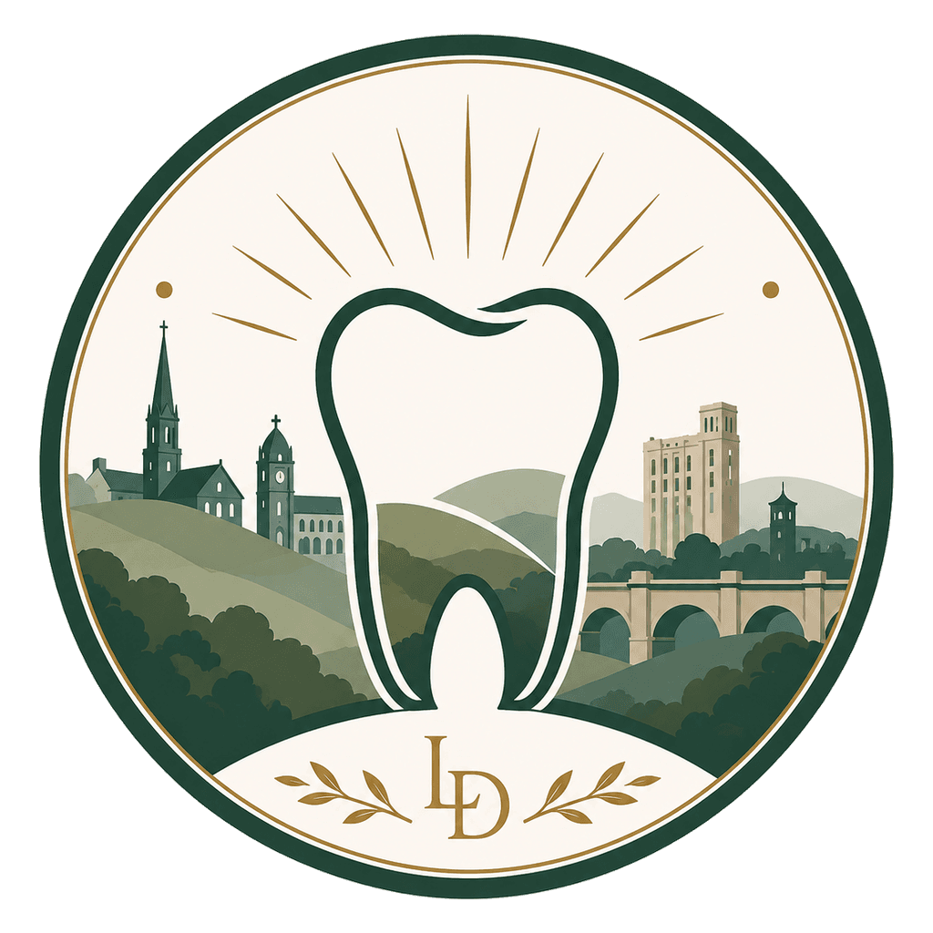 Lynchburg Dentist emblem: a tooth over the Hill City skyline, church steeples, and the James River bridge in a hunter green circle